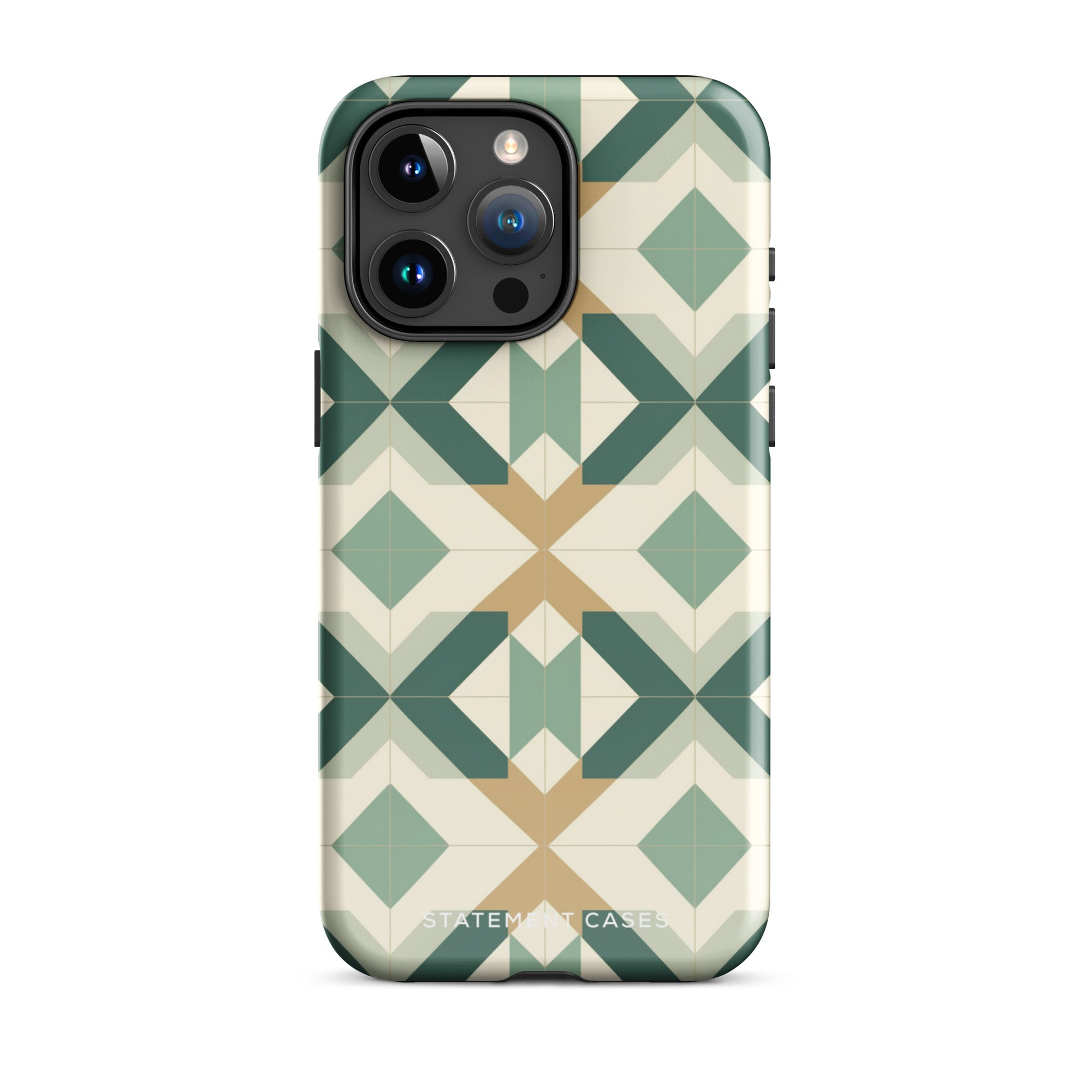 A Smartphone with a durable Old World Mosaic for iPhone case by Statement Cases showcasing a geometric pattern in shades of green, beige, and white. The symmetrical, angular designs create an almost star-like appearance. The impact-resistant polycarbonate construction ensures protection while the camera lenses remain visible at the top left corner.