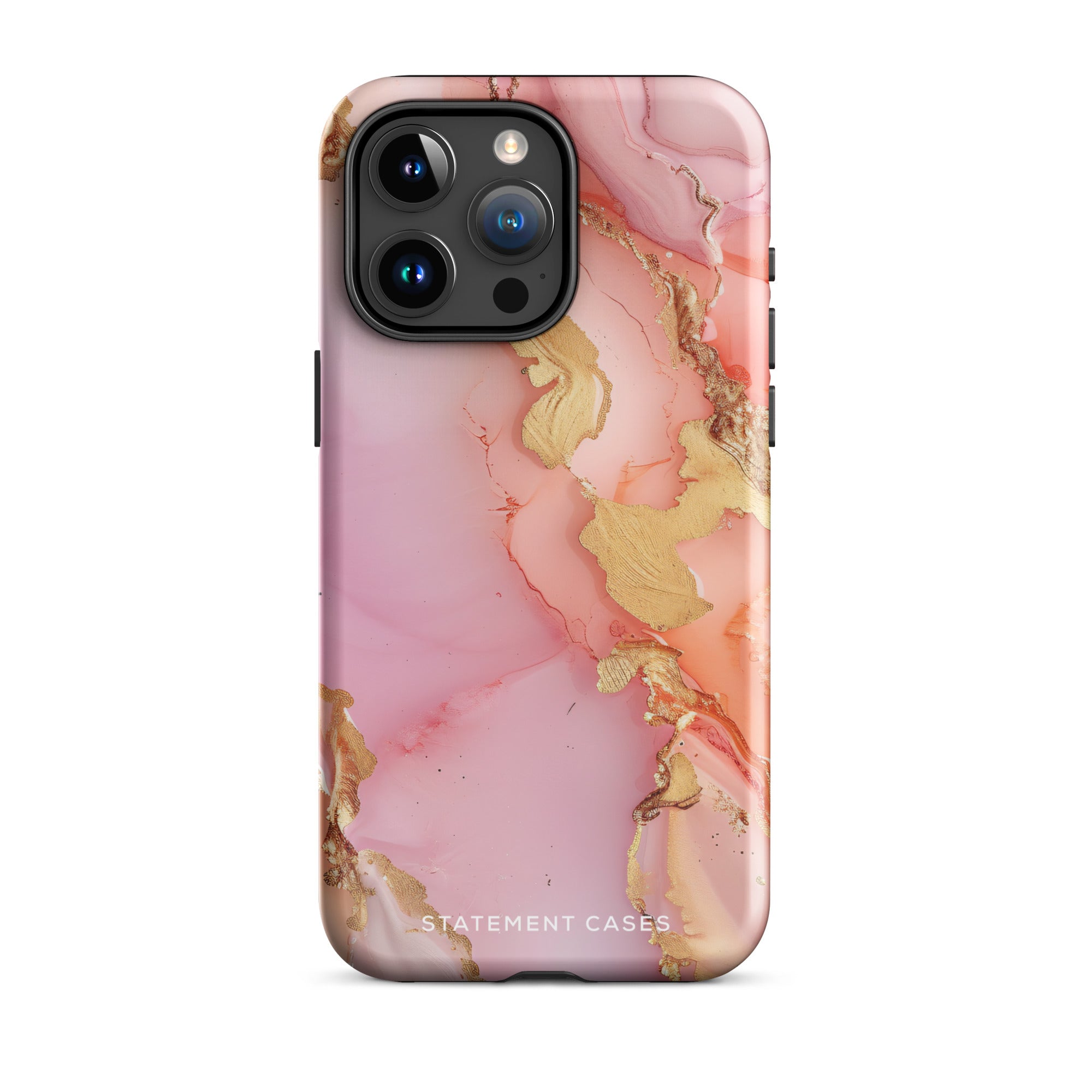 The Gold Blush Marble for iPhone showcases a glossy, marble-patterned case in shades of pink and gold. The decorative design features swirling patterns, seamlessly blending the colors. Crafted with impact-resistant polycarbonate for superior phone protection, "Statement Cases" is written in white at the bottom.