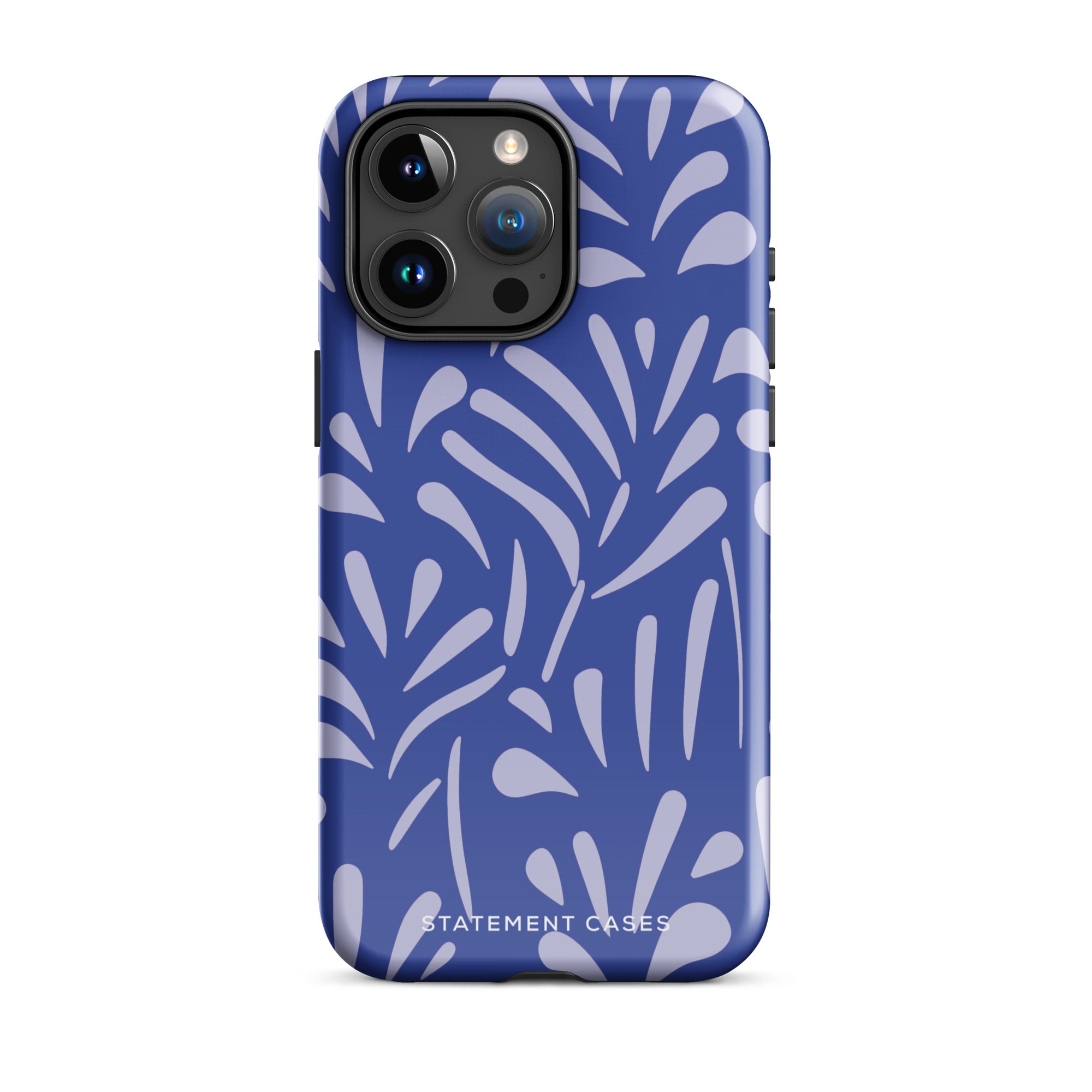 An iPhone encased in the "Mariposa Azul" by Statement Cases, featuring a blue design with an abstract white leaf pattern. The case combines curved and pointed shapes and provides dual-layer protection with TPU lining and impact-resistant polycarbonate. Camera lenses and other top elements remain unobstructed, and "Statement Cases" is inscribed at the bottom.