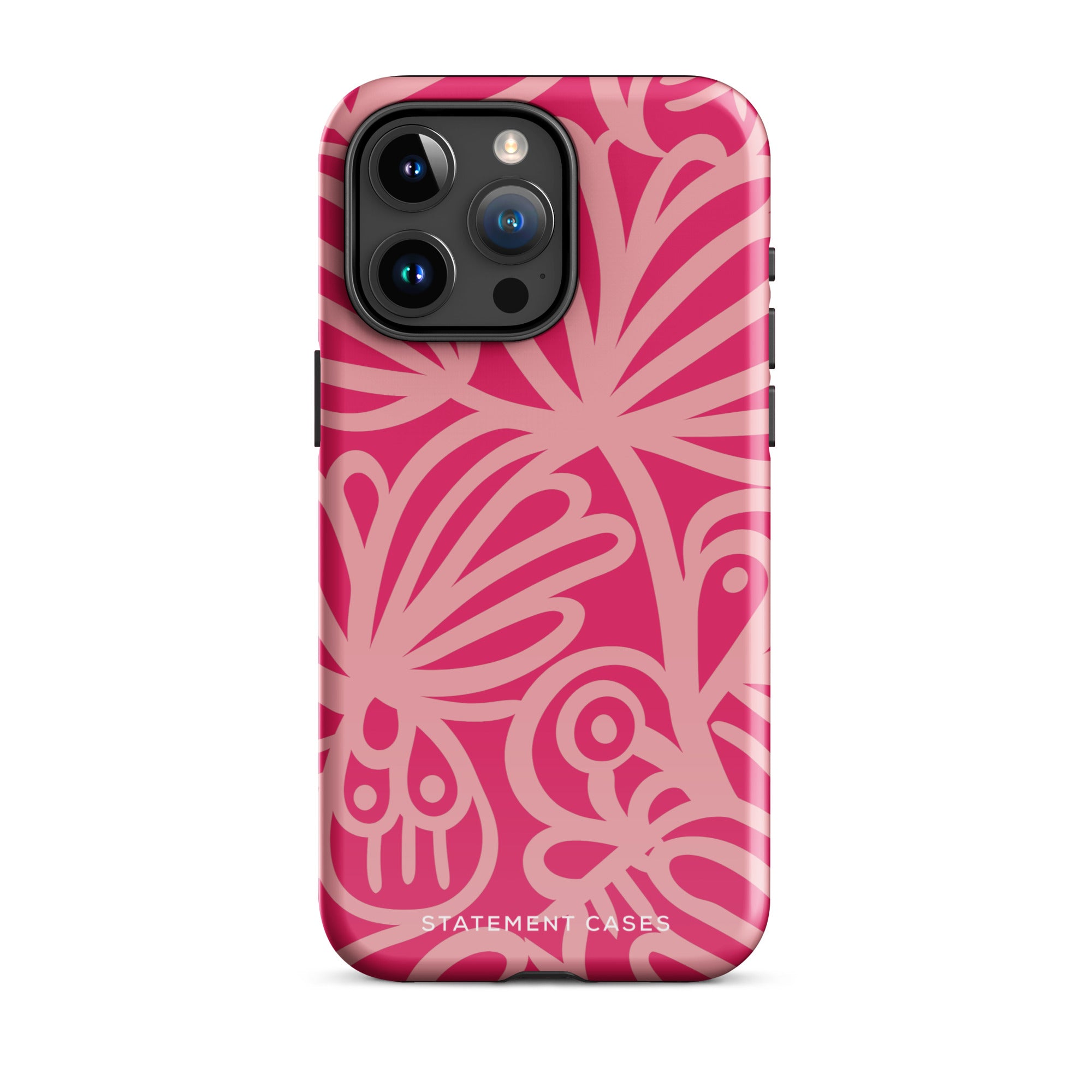 Introducing the Zafiro Rosa for iPhone by Statement Cases: a smartphone case featuring abstract floral and leaf patterns in various shades of pink. This dual-layer protection case combines an impact-resistant polycarbonate exterior with a TPU inner liner to ensure durability. The design showcases the brand name "Statement Cases" at the bottom, with precise cutouts revealing the phone’s camera lenses at the top left corner.