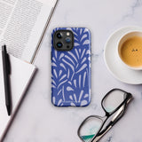 An iPhone encased in the "Mariposa Azul" by Statement Cases, featuring a blue design with an abstract white leaf pattern. The case combines curved and pointed shapes and provides dual-layer protection with TPU lining and impact-resistant polycarbonate. Camera lenses and other top elements remain unobstructed, and "Statement Cases" is inscribed at the bottom.