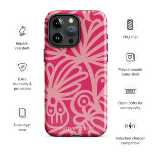 Introducing the Zafiro Rosa for iPhone by Statement Cases: a smartphone case featuring abstract floral and leaf patterns in various shades of pink. This dual-layer protection case combines an impact-resistant polycarbonate exterior with a TPU inner liner to ensure durability. The design showcases the brand name "Statement Cases" at the bottom, with precise cutouts revealing the phone’s camera lenses at the top left corner.