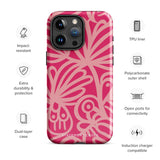 Introducing the Zafiro Rosa for iPhone by Statement Cases: a smartphone case featuring abstract floral and leaf patterns in various shades of pink. This dual-layer protection case combines an impact-resistant polycarbonate exterior with a TPU inner liner to ensure durability. The design showcases the brand name "Statement Cases" at the bottom, with precise cutouts revealing the phone’s camera lenses at the top left corner.