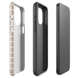 Three Au Naturale for iPhone cases by Statement Cases are displayed against a white background. The first case is semi-transparent with a striped pattern, the second is black with a smooth finish, and the third is an impact-resistant polycarbonate case in matte black with a rectangular cutout for the camera.