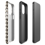 A Timeless Houndstooth for iPhone with a dual-camera system is encased in an impact-resistant polycarbonate, houndstooth-patterned case. The black and beige design features the brand name "Statement Cases" printed at the bottom, ensuring both style and dual-layer protection for your device.