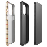 A Neutral Heritage Tartan for iPhone by Statement Cases with a plaid-patterned, impact-resistant polycarbonate case featuring beige, black, white, and red stripes. The durable phone case has the text "STATEMENT CASES" written at the bottom. The phone boasts a triple camera setup with an additional sensor and flash.