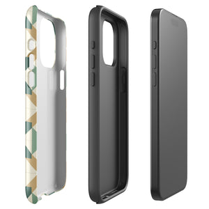 A Smartphone with a durable Old World Mosaic for iPhone case by Statement Cases showcasing a geometric pattern in shades of green, beige, and white. The symmetrical, angular designs create an almost star-like appearance. The impact-resistant polycarbonate construction ensures protection while the camera lenses remain visible at the top left corner.