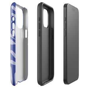 An iPhone encased in the "Mariposa Azul" by Statement Cases, featuring a blue design with an abstract white leaf pattern. The case combines curved and pointed shapes and provides dual-layer protection with TPU lining and impact-resistant polycarbonate. Camera lenses and other top elements remain unobstructed, and "Statement Cases" is inscribed at the bottom.