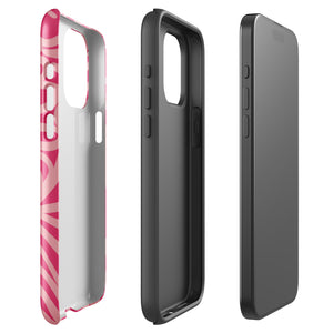 Introducing the Zafiro Rosa for iPhone by Statement Cases: a smartphone case featuring abstract floral and leaf patterns in various shades of pink. This dual-layer protection case combines an impact-resistant polycarbonate exterior with a TPU inner liner to ensure durability. The design showcases the brand name "Statement Cases" at the bottom, with precise cutouts revealing the phone’s camera lenses at the top left corner.