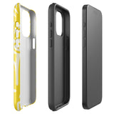 The Sol Dorado for iPhone by Statement Cases is a smartphone with a yellow case featuring a white, abstract floral and plant pattern. The camera lenses are prominent in the top left corner of the device. With dual-layer protection and impact-resistant TPU lining, "Statement Cases" is printed at the bottom of the case.