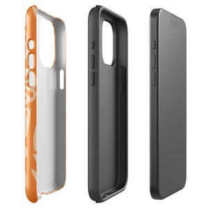 A Savannah Ardiente for iPhone from Statement Cases, featuring a dual-layered phone case in orange with a floral pattern showcasing cream-colored flowers, leaves, and geometric shapes. This impact-resistant polycarbonate case displays "STATEMENT CASES" at the bottom and reveals the camera lenses at the top left corner.