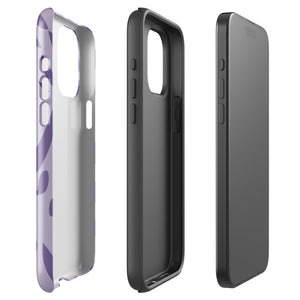 The Luna Morada for iPhone by Statement Cases is a durable phone case with a purple protective exterior featuring abstract dark purple and lavender patterns. The design includes geometric shapes and curves, giving it a modern artistic look. Made from impact-resistant polycarbonate, the lower part of the case prominently displays "STATEMENT CASES.