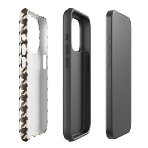 A Timeless Houndstooth for iPhone with a dual-camera system is encased in an impact-resistant polycarbonate, houndstooth-patterned case. The black and beige design features the brand name "Statement Cases" printed at the bottom, ensuring both style and dual-layer protection for your device.