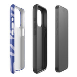 An iPhone encased in the "Mariposa Azul" by Statement Cases, featuring a blue design with an abstract white leaf pattern. The case combines curved and pointed shapes and provides dual-layer protection with TPU lining and impact-resistant polycarbonate. Camera lenses and other top elements remain unobstructed, and "Statement Cases" is inscribed at the bottom.