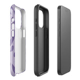 The Luna Morada for iPhone by Statement Cases is a durable phone case with a purple protective exterior featuring abstract dark purple and lavender patterns. The design includes geometric shapes and curves, giving it a modern artistic look. Made from impact-resistant polycarbonate, the lower part of the case prominently displays "STATEMENT CASES.