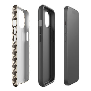 A Timeless Houndstooth for iPhone with a dual-camera system is encased in an impact-resistant polycarbonate, houndstooth-patterned case. The black and beige design features the brand name "Statement Cases" printed at the bottom, ensuring both style and dual-layer protection for your device.