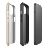 A beige and white striped, impact-resistant phone case for a smartphone. The Estate Stripe for iPhone features vertical stripes and dual-layer protection, designed to fit a phone with multiple camera lenses. The brand name "Statement Cases" is subtly printed at the bottom.