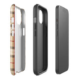 A Neutral Heritage Tartan for iPhone by Statement Cases with a plaid-patterned, impact-resistant polycarbonate case featuring beige, black, white, and red stripes. The durable phone case has the text "STATEMENT CASES" written at the bottom. The phone boasts a triple camera setup with an additional sensor and flash.