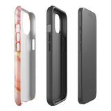 The Gold Blush Marble for iPhone showcases a glossy, marble-patterned case in shades of pink and gold. The decorative design features swirling patterns, seamlessly blending the colors. Crafted with impact-resistant polycarbonate for superior phone protection, "Statement Cases" is written in white at the bottom.