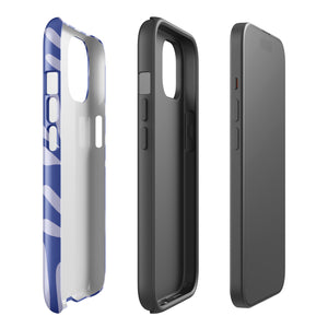 An iPhone encased in the "Mariposa Azul" by Statement Cases, featuring a blue design with an abstract white leaf pattern. The case combines curved and pointed shapes and provides dual-layer protection with TPU lining and impact-resistant polycarbonate. Camera lenses and other top elements remain unobstructed, and "Statement Cases" is inscribed at the bottom.