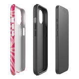 Introducing the Zafiro Rosa for iPhone by Statement Cases: a smartphone case featuring abstract floral and leaf patterns in various shades of pink. This dual-layer protection case combines an impact-resistant polycarbonate exterior with a TPU inner liner to ensure durability. The design showcases the brand name "Statement Cases" at the bottom, with precise cutouts revealing the phone’s camera lenses at the top left corner.