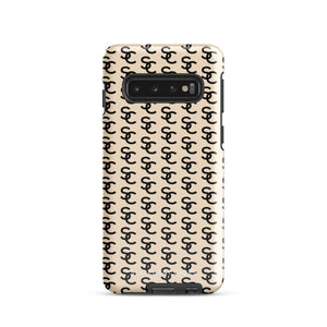 A beige smartphone case with a repeating black double-C logo pattern. The back of the impact-resistant phone case features camera cutouts aligned on the left side, accommodating what appears to be a multi-lens camera system. This is the Heritage Monogram for Samsung by Statement Cases.