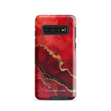 A red and black Scarlet Marble for Samsung with a marble-like pattern and gold accents, designed for a phone with multiple rear cameras. This tough phone case features an impact-resistant, dual-layer design and showcases the brand name "Statement Cases" near the bottom.