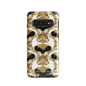 A phone case with an ornate Baroque-style design, featuring an intricate pattern of gold and black swirls and vines on a white background. This dual-layer design is not only impact-resistant but also stylish. The camera cutout is large and accommodates multiple lenses, with "Rebellious Spirit for Samsung" displayed at the bottom.