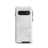A dual-layer design smartphone case with a white marble pattern features three large camera lenses and a smaller one on the back. "Statement Cases" is subtly printed near the bottom. The minimalistic, matte finish offers impact-resistant protection with style.