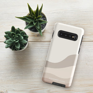 A tough phone case with a beige and cream-colored abstract wavy design. Featuring an impact-resistant dual-layer design, the camera area has three prominent lenses and an LED flash. The brand name "Statement Cases" is subtly printed in white at the bottom of the case.