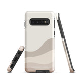 A tough phone case with a beige and cream-colored abstract wavy design. Featuring an impact-resistant dual-layer design, the camera area has three prominent lenses and an LED flash. The brand name "Statement Cases" is subtly printed in white at the bottom of the case.