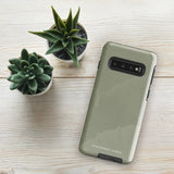 A Pistachio Haze for Samsung with a green phone case featuring a subtle floral pattern. This tough phone case has cutouts for three cameras and a flash, with the brand name "Statement Cases" printed at the bottom. The side buttons are visible, and there's a port at the bottom for easy access.