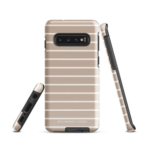 A beige and white striped phone case is shown from three angles: the back, side, and bottom. The case features a dual-layer design with precise cutouts for the camera, buttons, and ports. The brand "Statement Cases" is printed in white at the bottom of the back side.