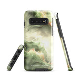 A smartphone with a glossy, abstract green and gold phone case featuring swirling marble patterns. The dual-layer design ensures it is impact-resistant. The case is labeled "Statement Cases" at the bottom. The phone has a prominent camera module with four lenses and a flash on the top left corner, encased in the Sleek Sage for Samsung by Statement Cases.