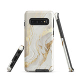 A Golden Elegance for Samsung is encased in a decorative, impact-resistant phone case with a marble-like design featuring white, beige, and gold swirls. The tough phone case covers the back and sides, with precise cutouts for the four-lens camera and buttons. The brand "Statement Cases" is printed at the bottom.