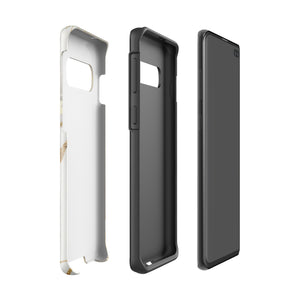 A Golden Elegance for Samsung is encased in a decorative, impact-resistant phone case with a marble-like design featuring white, beige, and gold swirls. The tough phone case covers the back and sides, with precise cutouts for the four-lens camera and buttons. The brand "Statement Cases" is printed at the bottom.