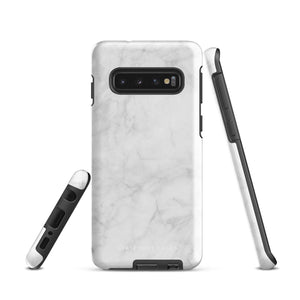 A dual-layer design smartphone case with a white marble pattern features three large camera lenses and a smaller one on the back. "Statement Cases" is subtly printed near the bottom. The minimalistic, matte finish offers impact-resistant protection with style.