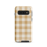 A beige and white checkered phone case is shown. Designed to fit a smartphone with a horizontal dual-camera setup, it features "STATEMENT CASES" printed at the bottom. This impact-resistant phone case offers both style and protection.Product Name: Gingham Grace for Samsung Brand Name: Statement Cases