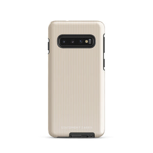 A beige smartphone case with vertical stripes designed for a phone with a triple camera setup. This impact-resistant phone case features precise cutouts for the cameras, buttons, and other essential functions. "Statement Cases" is printed at the bottom of the tough phone case. Product Name: Noble Pinstripe for Samsung