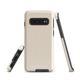 A beige smartphone case with vertical stripes designed for a phone with a triple camera setup. This impact-resistant phone case features precise cutouts for the cameras, buttons, and other essential functions. "Statement Cases" is printed at the bottom of the tough phone case. Product Name: Noble Pinstripe for Samsung