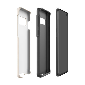 A beige smartphone case with vertical stripes designed for a phone with a triple camera setup. This impact-resistant phone case features precise cutouts for the cameras, buttons, and other essential functions. "Statement Cases" is printed at the bottom of the tough phone case. Product Name: Noble Pinstripe for Samsung