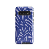 The Mariposa Azul for Samsung smartphone case from Statement Cases is adorned with an impact-resistant design featuring light purple abstract shapes on a blue background. This dual-layer case proudly displays the text "STATEMENT CASES" at the bottom, ensuring that the camera lenses and buttons of your phone remain clearly visible.