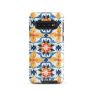 The Mediterranean Bloom for Samsung by Statement Cases features intricate, colorful floral patterns in blue, orange, and yellow. The design covers the entire back of the case, surrounding the camera cutout. Shock-absorbing and impact-resistant, it ensures protection while the brand "Statement Cases" is subtly printed near the bottom.