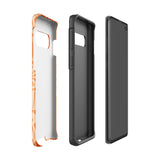 This stylish smartphone accessory, the Savannah Ardiente for Samsung by Statement Cases, features a shock-absorbing, colorful patterned case adorned with abstract flower designs in beige on an orange background. This impact-resistant phone case wraps around the back of your device, providing robust protection for its multiple camera lenses in the corner.