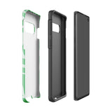 The Selva Verde for Samsung, a product by Statement Cases, is a durable, dual-layer phone case adorned with a green and white leafy design. The back of the case includes a camera cutout, and the bottom is printed with "Statement Cases.