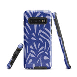 The Mariposa Azul for Samsung smartphone case from Statement Cases is adorned with an impact-resistant design featuring light purple abstract shapes on a blue background. This dual-layer case proudly displays the text "STATEMENT CASES" at the bottom, ensuring that the camera lenses and buttons of your phone remain clearly visible.