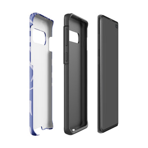 The Mariposa Azul for Samsung smartphone case from Statement Cases is adorned with an impact-resistant design featuring light purple abstract shapes on a blue background. This dual-layer case proudly displays the text "STATEMENT CASES" at the bottom, ensuring that the camera lenses and buttons of your phone remain clearly visible.