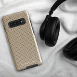 A stylish beige, shock-absorbing phone case with a perforated pattern, designed for a phone with four camera lenses. The dual-layer case has a textured surface and precise cutouts for the camera and buttons. The brand name "Statement Cases" is visible at the bottom of the impact-resistant Delicate Elegance for Samsung.