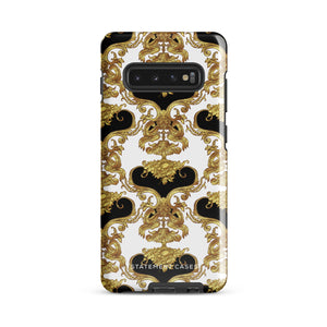 A phone case with an ornate Baroque-style design, featuring an intricate pattern of gold and black swirls and vines on a white background. This dual-layer design is not only impact-resistant but also stylish. The camera cutout is large and accommodates multiple lenses, with "Rebellious Spirit for Samsung" displayed at the bottom.