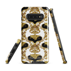 A phone case with an ornate Baroque-style design, featuring an intricate pattern of gold and black swirls and vines on a white background. This dual-layer design is not only impact-resistant but also stylish. The camera cutout is large and accommodates multiple lenses, with "Rebellious Spirit for Samsung" displayed at the bottom.